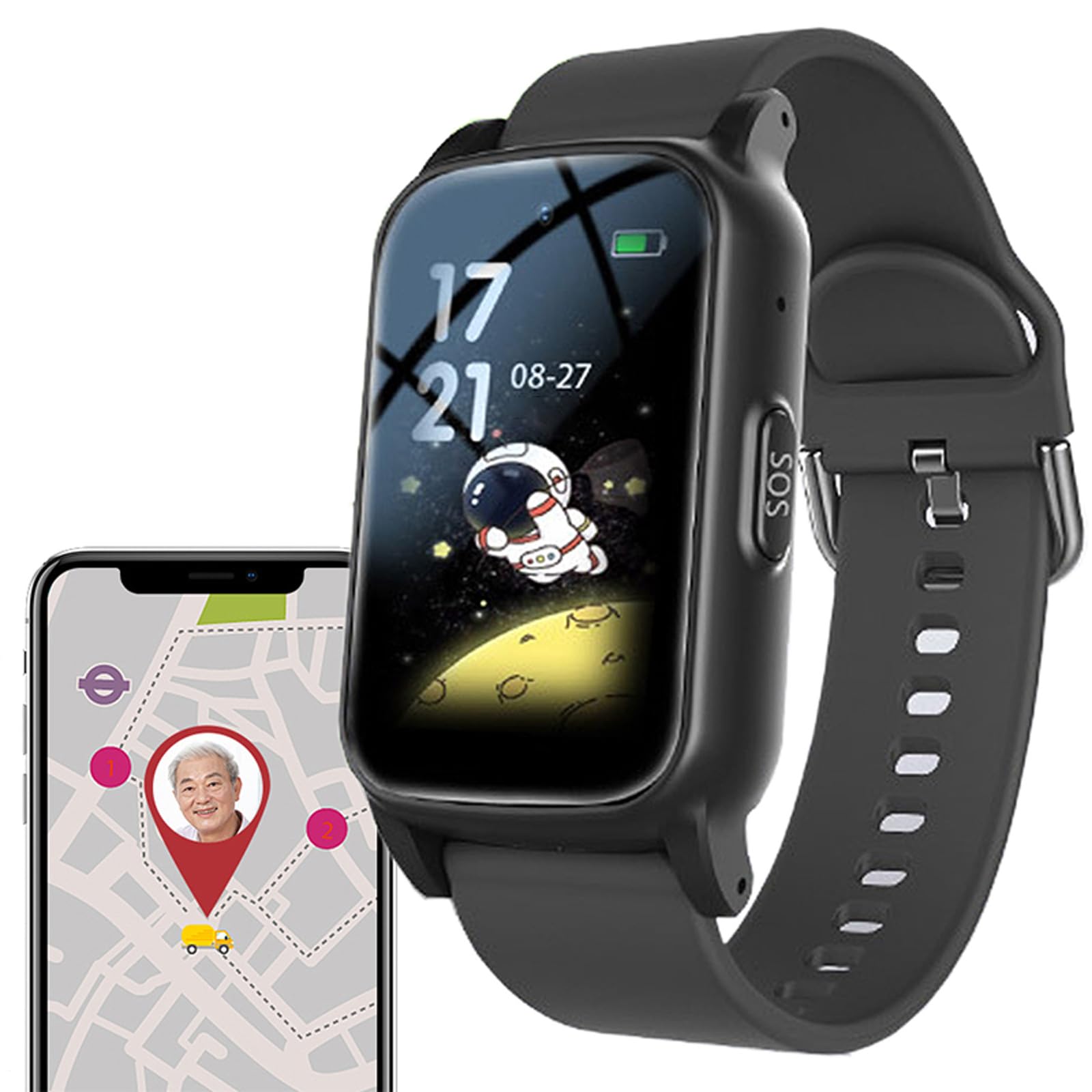 Weyot Black Elderly Smart Watch With Fall Detection, Gps Anti-Lost Tracker For Dementia, Alzheimer & Autism Patients, Alert Call Button, Fall Alarm Watch For Elderly,