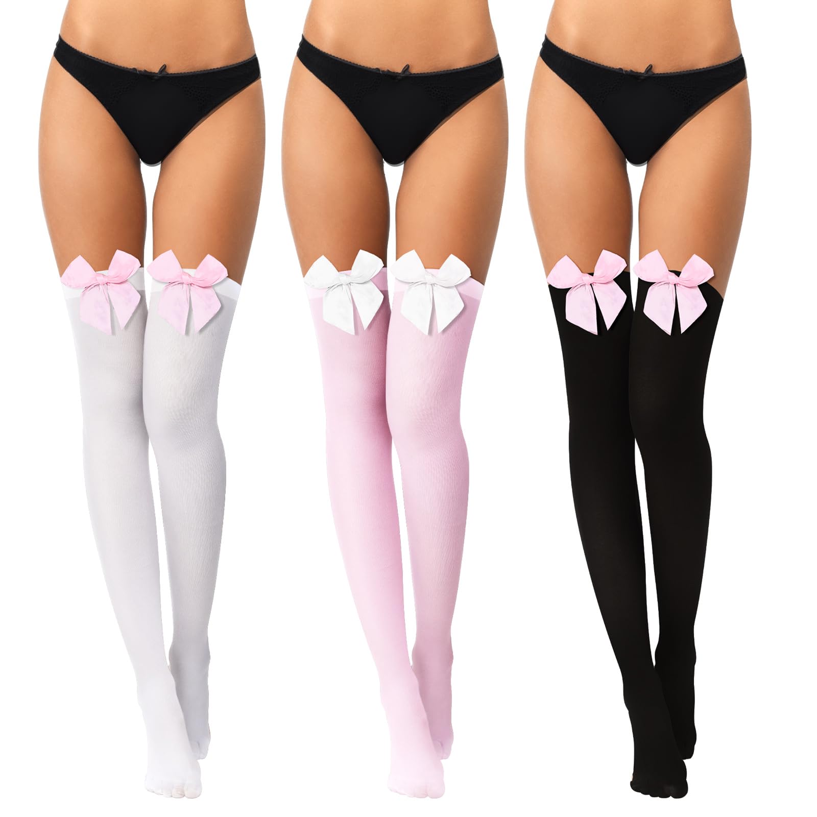 Boao 3 Pairs Thigh High Stockings Thigh High Socks with Bow for Women over Knee Lingerie Stockings for Cosplay Daily Wear: Medium Pink ,White, Black