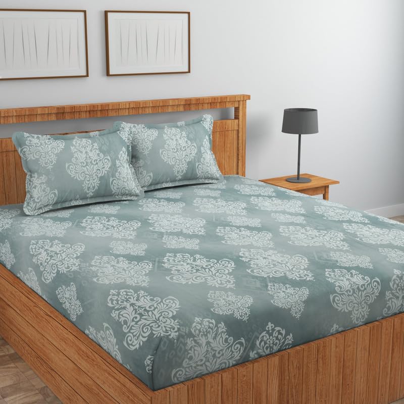 NEW LEAF Pure Cotton Flat Double Bedsheets with 2 Pillow Covers | Double Bed Breathable | Wrinklefree | Ultrasoft |Summer Bedsheet 200 to 220 tc Floral | 90×90 Inches, Silver & White