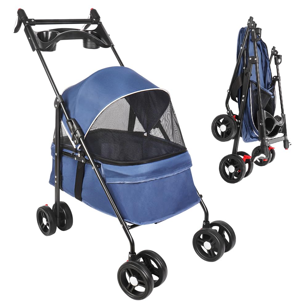 OHMG Hundebuggy, Kinderwagen für Hunde und Katzen, bis zu 25 kg, 4 Räder, zusammenklappbarer Kinderwagen für Reisen im Freien, faltbarer Trolley für Hunde, mit Netzfenster und Getränkehalter