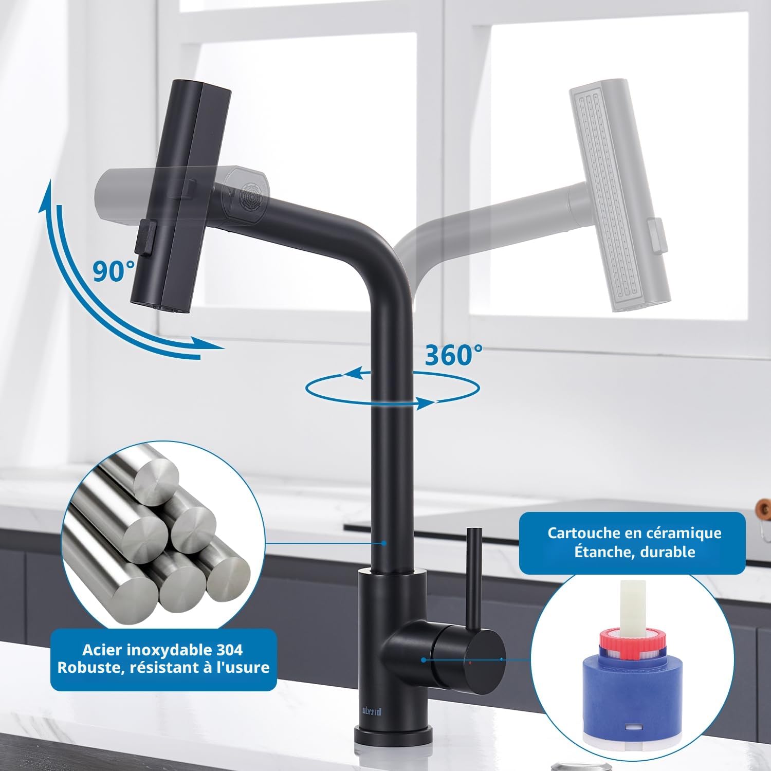 Mitigeur Cuisine Noir Cascade, Douchette Extractible 3 Modes, Robinetterie Evier Escamotable Rotatif 360° Acier Inoxydable