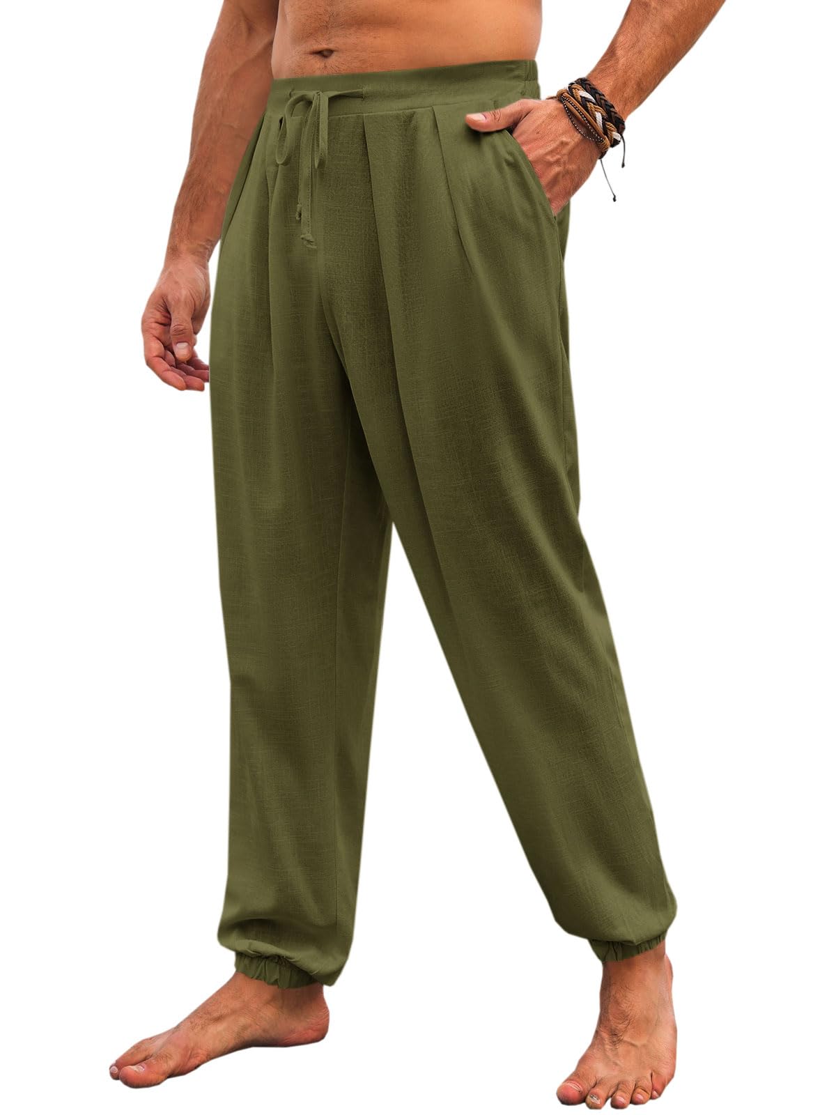 Runcati Mens Casual Pants Elastic Waist Linen Drawstring Pleated Lightweight Joggers Loose Fit Summer Beach Yoga Trousers