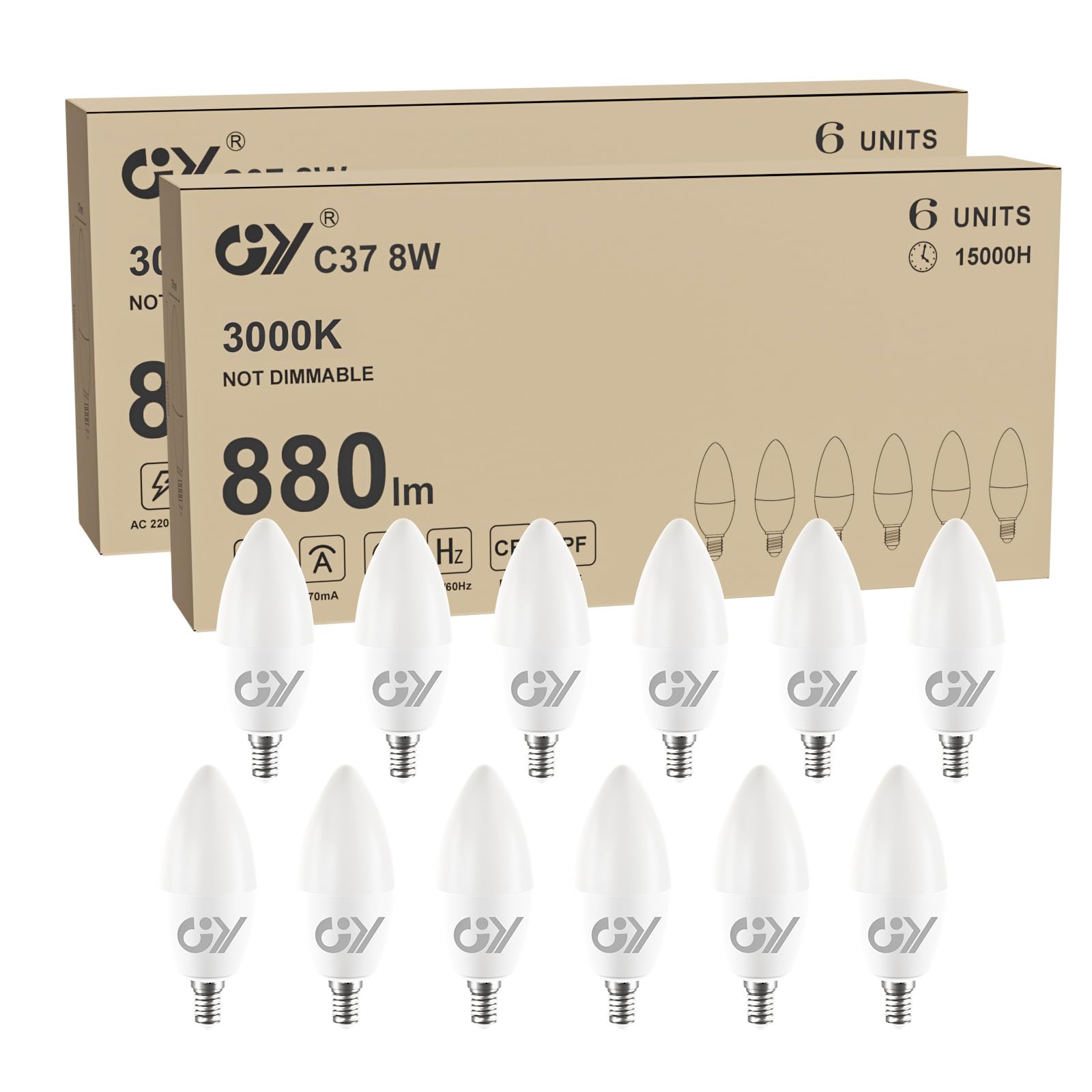 GY GY E14 LED Bulb Small Edison Screw SES Candle Energy Saving Bulb, 3000K Warm White 8W 880 Lumens, Equivalent to 80W, 280° Beam Angle Non-Dimmable, Pack of 12