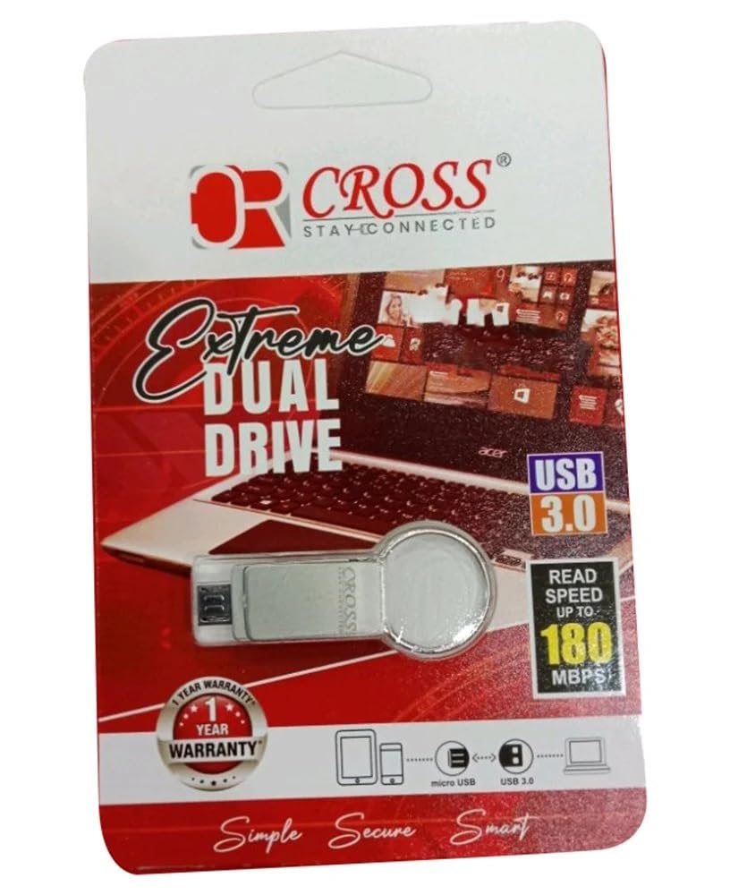 Cross 32GB Extreme Dual Drive OTG USB 3.0 and Micro USB Pen Drive with Metal Body Compatible with Laptop, Desktop, Projector, Car, Audio - (Silver-32GB)