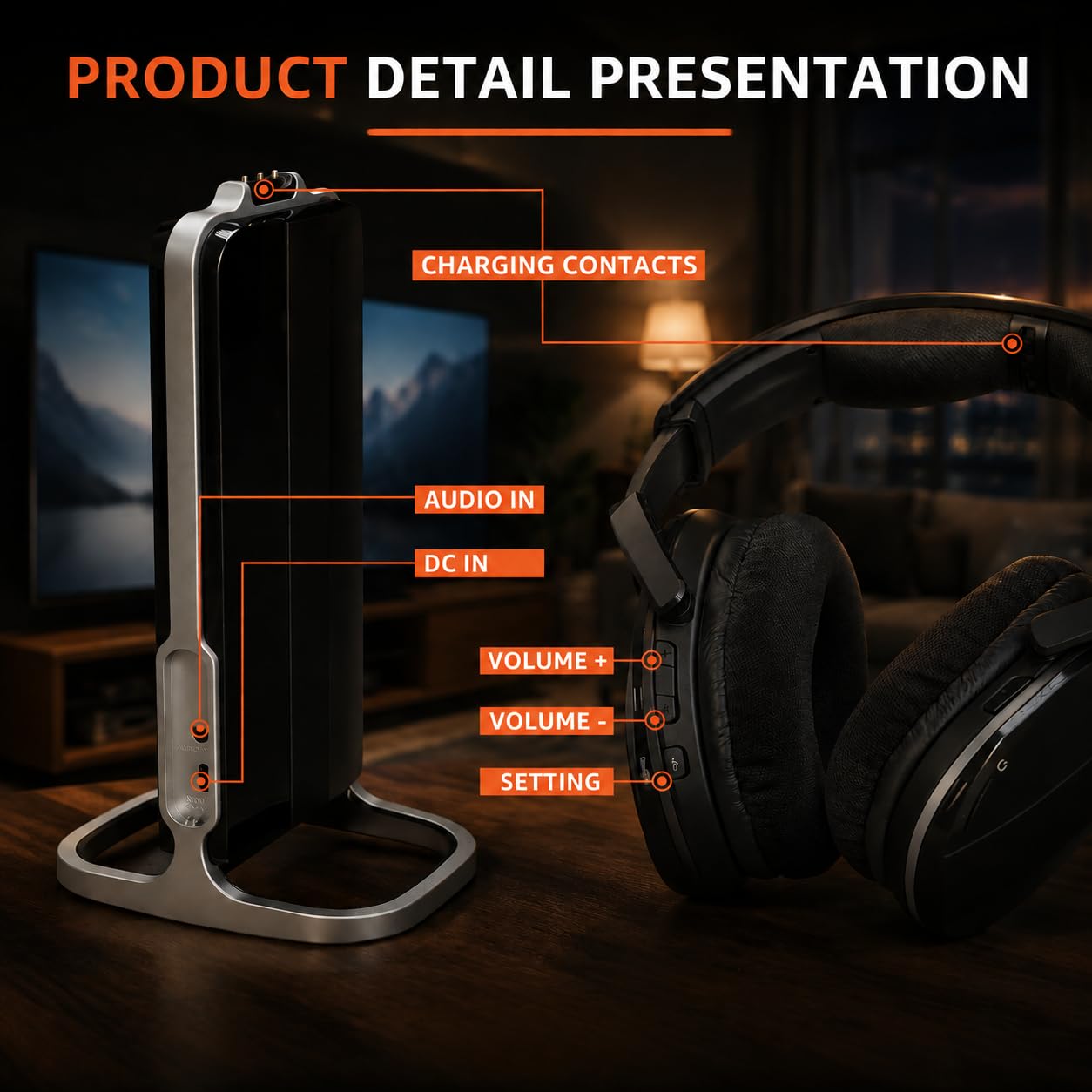 Retekess TA007 Cuffie Wireless per TV, Stazione di Ricarica Trasmettitore 2.4G, Nessun Ritardo Audio, Distanza 60m in Luogo Aperto, Cuffie senza Filo per tv, Connessione Wireless, per Casa