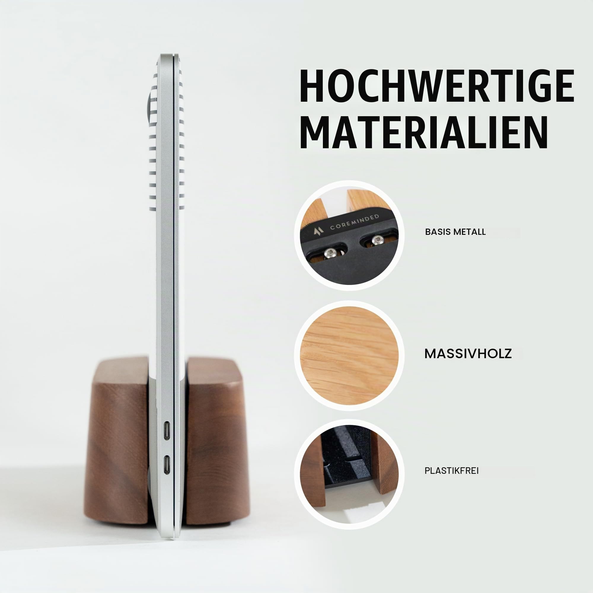 COREMINDED Verstellbarer vertikaler Laptopständer für Schreibtisch, Laptophalter aus Holz, MacBook Pro Ständer, Holz Mac Air Dock (massive Eiche)