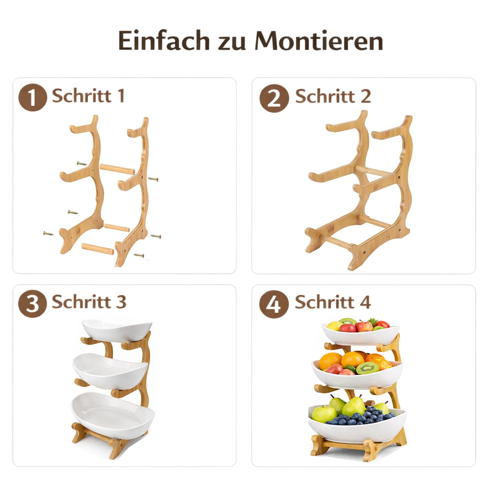 Obst Etagere 3 Stöckig Keramik mit Bambusständer – Etagere Obstschale für Küche & Esstisch, Große Obstständer für Arbeitsplatte, Spülmaschinenfest