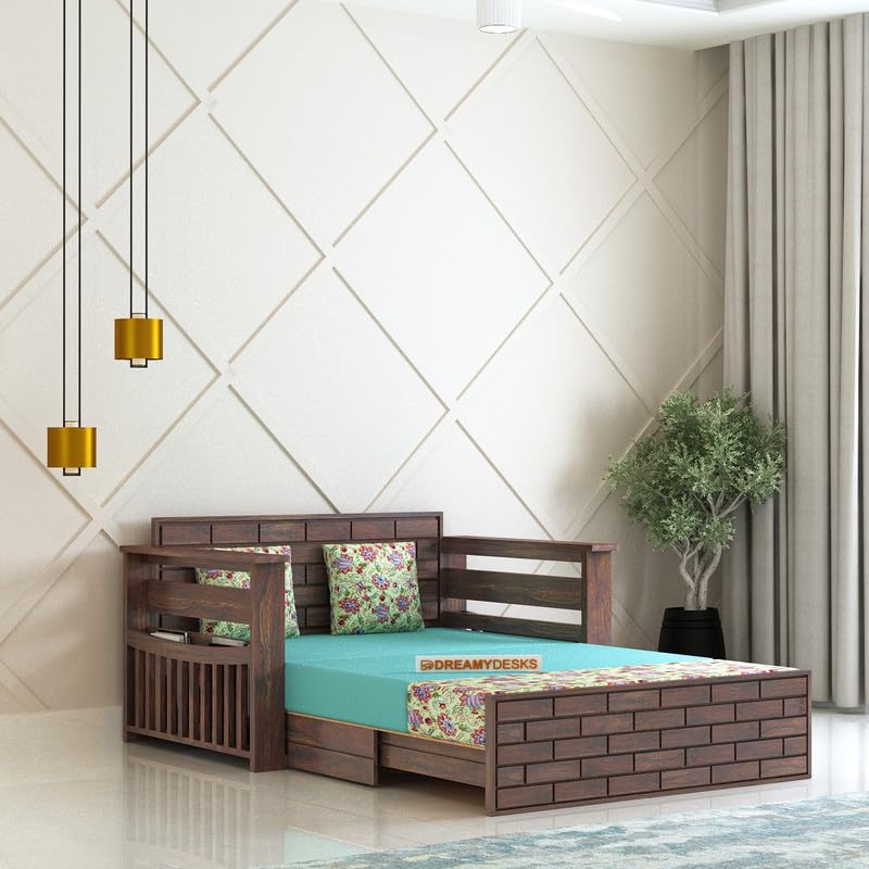 Solid Sheesham Wooden Sofa Cums Bed with Headboard, Mattresses and Mini Storage for Living Room | Rosewood 2 Seater Sofa Cums Bed for Bedroom with Pillow (Walnut, 2 Seater) Solid Sheesham Wooden Sofa Cums Bed with Headboard, Mattresses and Mini Storage for Living Room | Rosewood 2 Seater Sofa Cums Bed for Bedroom with Pillow (Walnut, 2 Seater)
