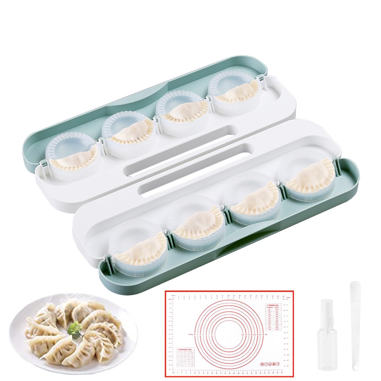 8 In 1 Dumpling Maker, Dumpling Maker Press Machine Set Includes Automatic Dumpling Machine, Silicone Pastry Mat, Spray Bottle, Spoon, Manual Dumpling Maker Mold for Pierogi, Wonton, gyoza, Potsticker
