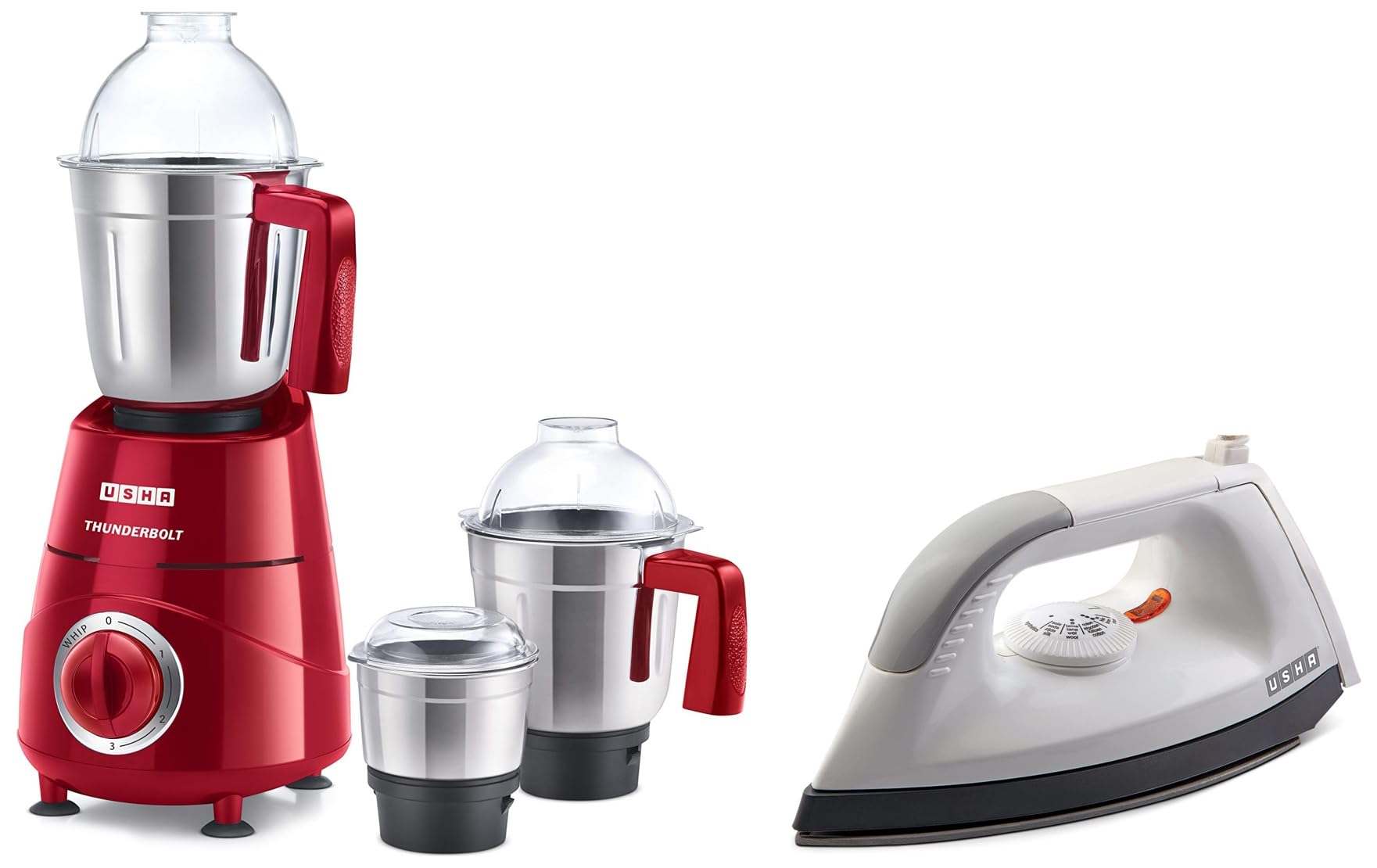 USHA Thunderbolt 800-Watt Copper Motor Mixer Grinder with 3 Jars and 5 Years Motor Warranty(Red) & USHA EI 1602 1000 W Lightweight Dry Iron with Non-Stick Soleplate (Multi-colour)-picture-17