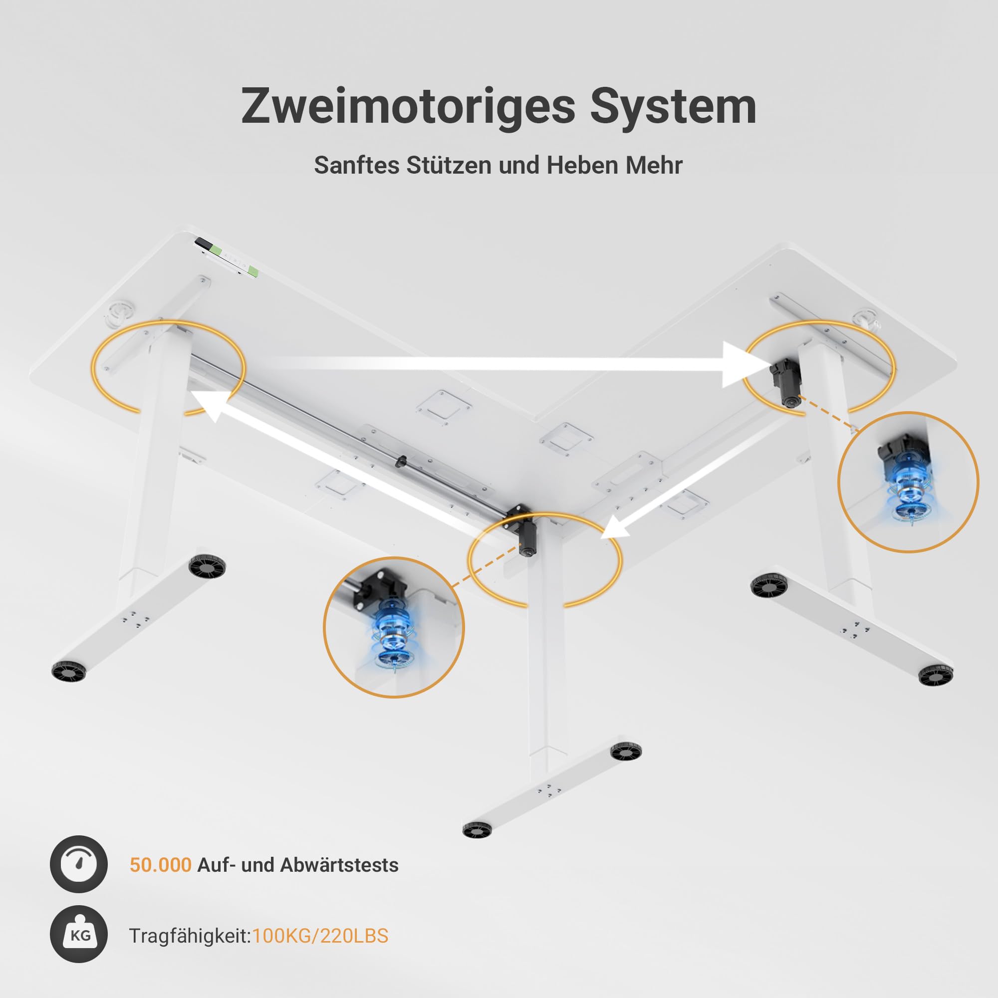 Claiks Eckschreibtisch Höhenverstellbar 160x140cm mit Dual-Motor, L Form Höhenverstellbarer Schreibtisch auf Rollen, L-förmiger Schreibtisch Weiß