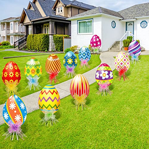 12 Pieces Easter Eggs Outdoor Yard Signs Corrugated Yard Decorations With Stakes And Bow Easter Yard Decorations Eggs Garden Sign Waterproof Lawn Signs For Pathway Walkway (3D Pattern) #TOP6