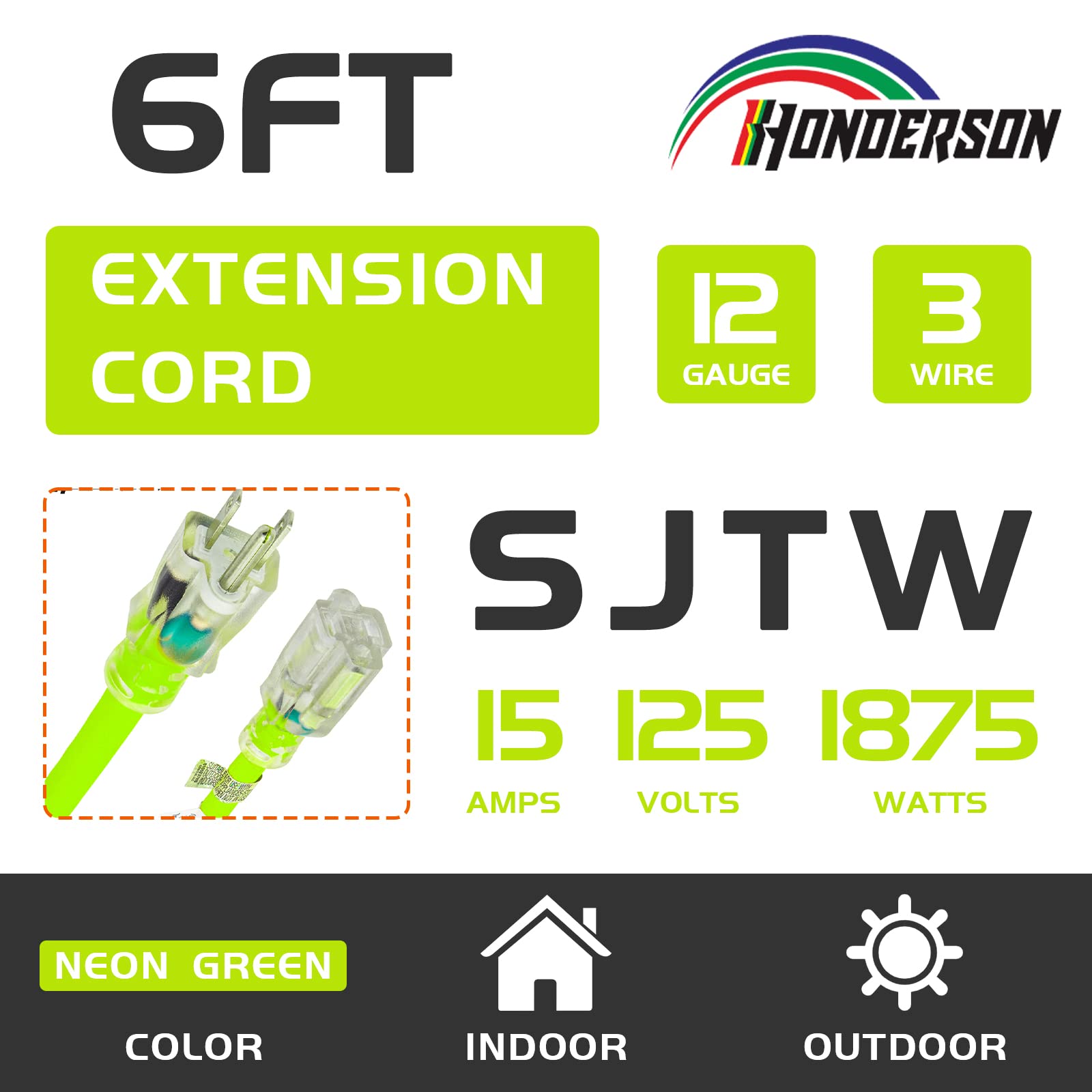 Cable de extensión iluminado para exteriores de 6 pies, 12/3, calibre 12, 3 clavijas, SJTW, resistente, cable de extensión verde neón con enchufe de tierra de 3 clavijas para mayor