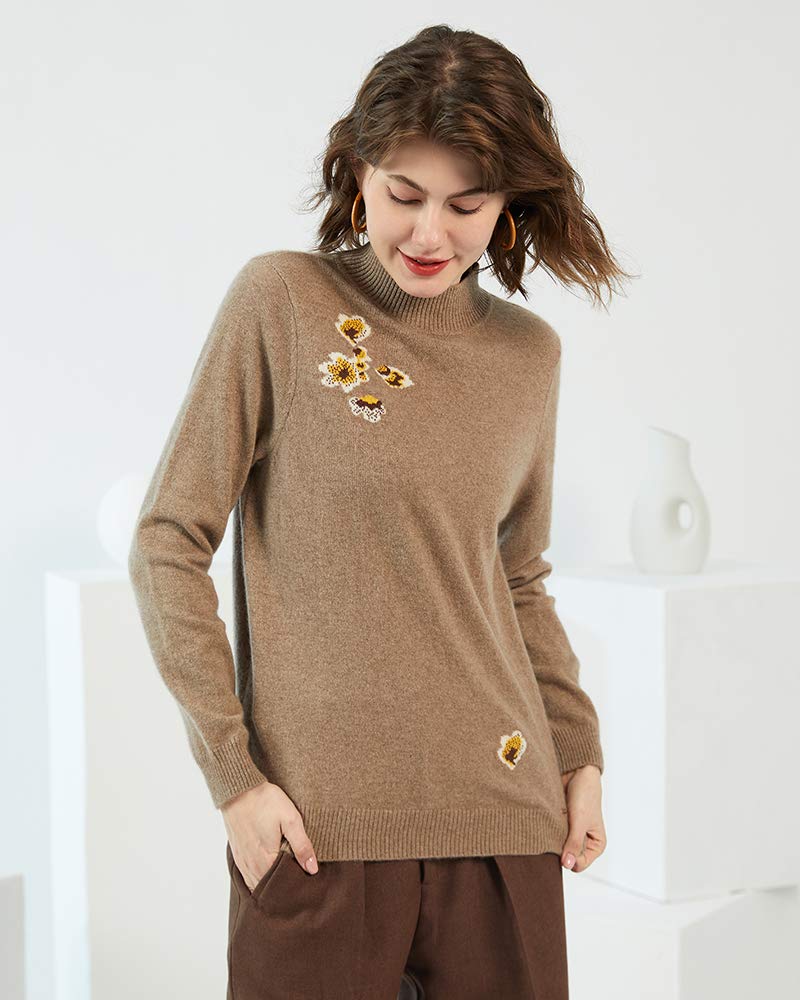 ZHILI - Maglione a maniche lunghe da donna, 100% puro cashmere, con collo alto, ricamato, lavorato a maglia