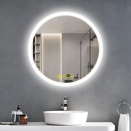 OKISS Espejo de baño redondo iluminado de 24 pulgadas con luces, espejo LED antivaho inteligente para baño, espejo con luz regulable de 3 colores
