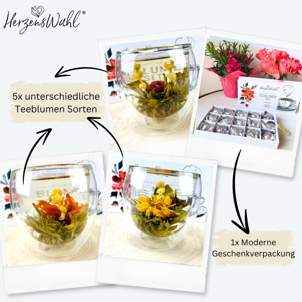 HerzensWahl Coffret cadeau de fleurs de thé - 15 fleurs de thé blanc, thé vert et thé noir dans une boîte à thé - Kit de dégustation de fleurs de thé pour les amateurs de thé avec boîte cadeau