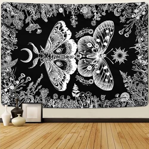 Krelymics Aesthetic Butterfly Tapestry Plants Flowers Tapestries Boho Moth Tapestry Moon Garden Tapestry Black and White Tapestry Wall Hanging for Bedroom Dorm(51.2 x 59.1 inches)