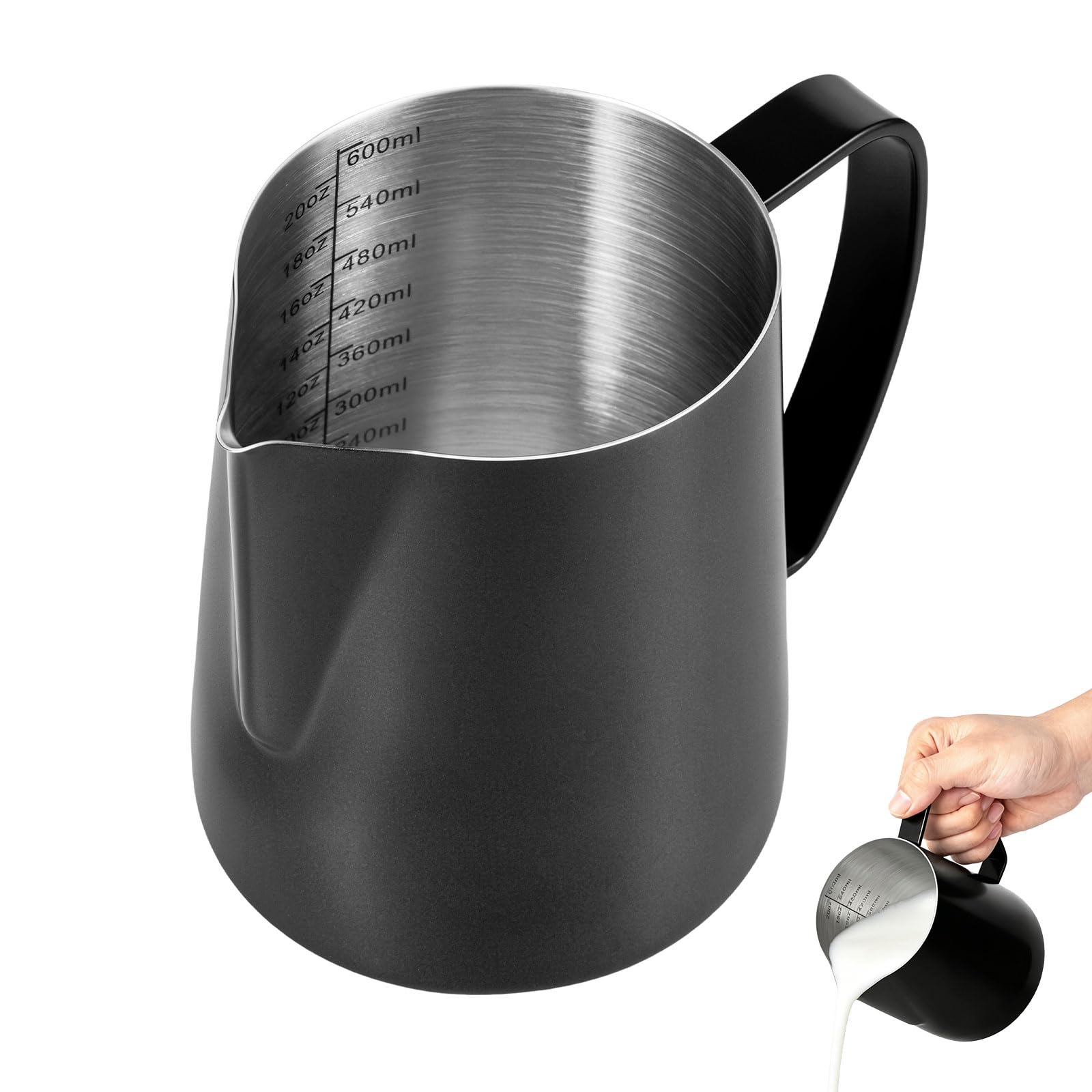 Milk Frothing Pitcher, 600ml/20oz Milk Frother Jug for Coffee Machine,Stainless Steel Coffee Frothing Pitcher with Clear Markings & Decorating Pen for Latte Art Juice Home or Cafe(Black)