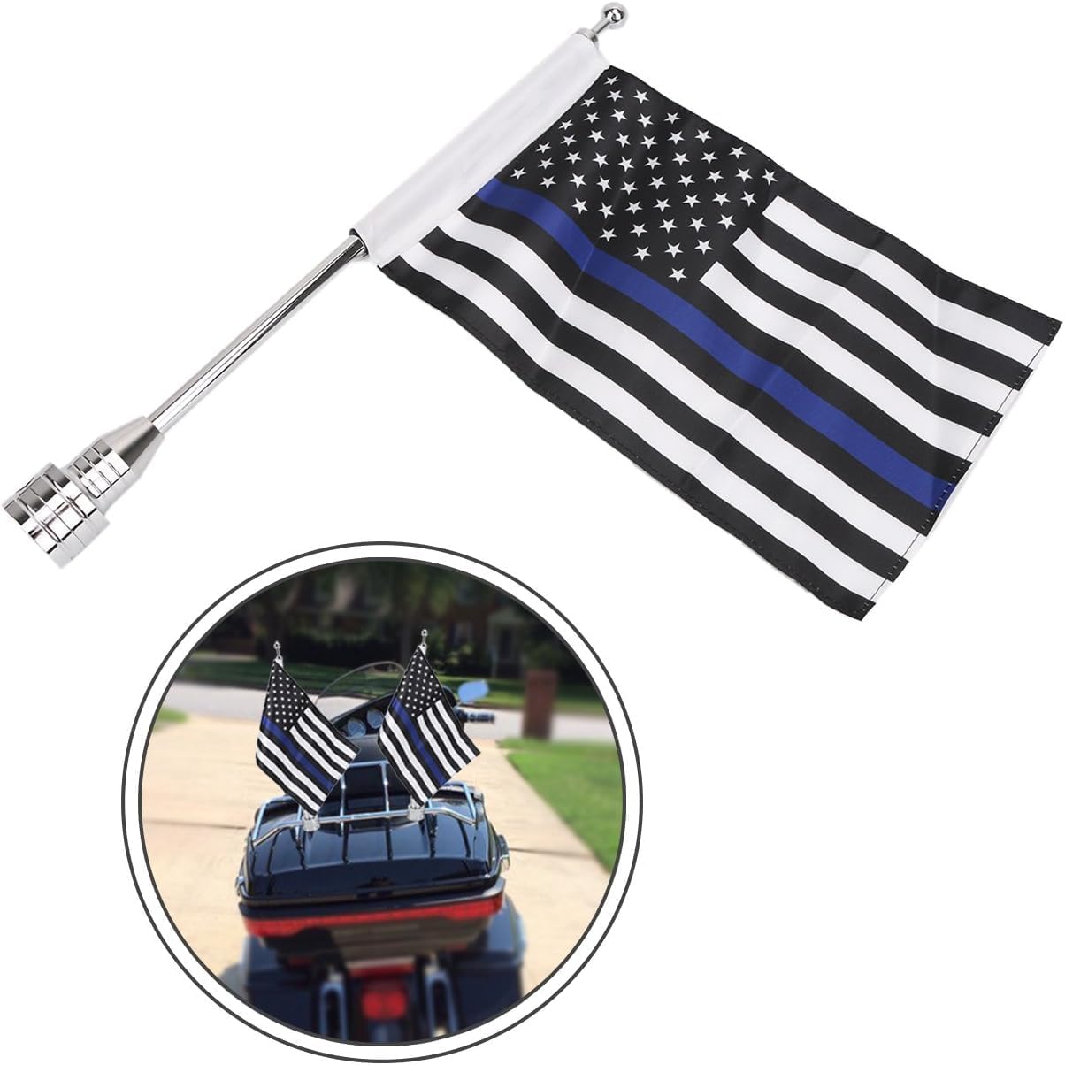 Motorcycle Flagpole Mount with Flag Chrome Flag Pole Mount + Blue Line US Flag for Goldwing CB VTX CBR Yamaha fit 1/2 Luggage Rack
