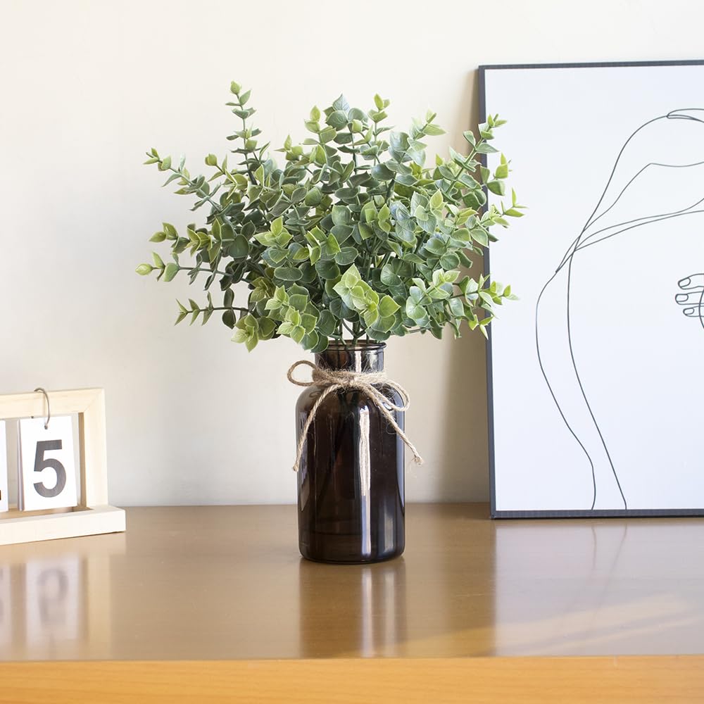 SENCID Fake Eucalyptus Stems in Black Glass Vase with Faux Water,14