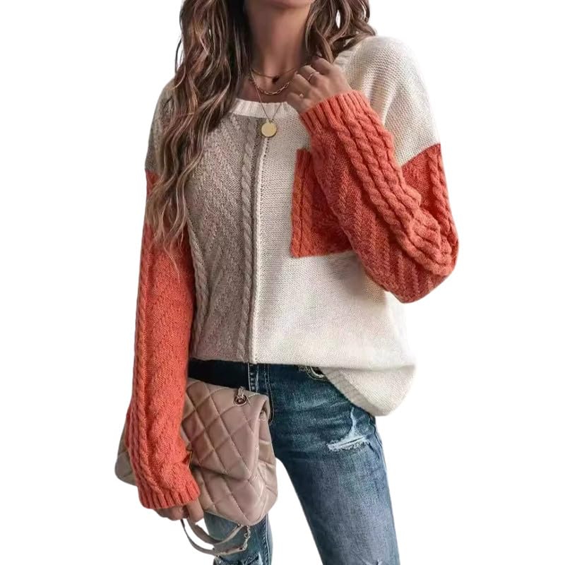 Women's Patchwork Pullover Sweater Long Sleeve Crew Neck Knitted Top with Pocket