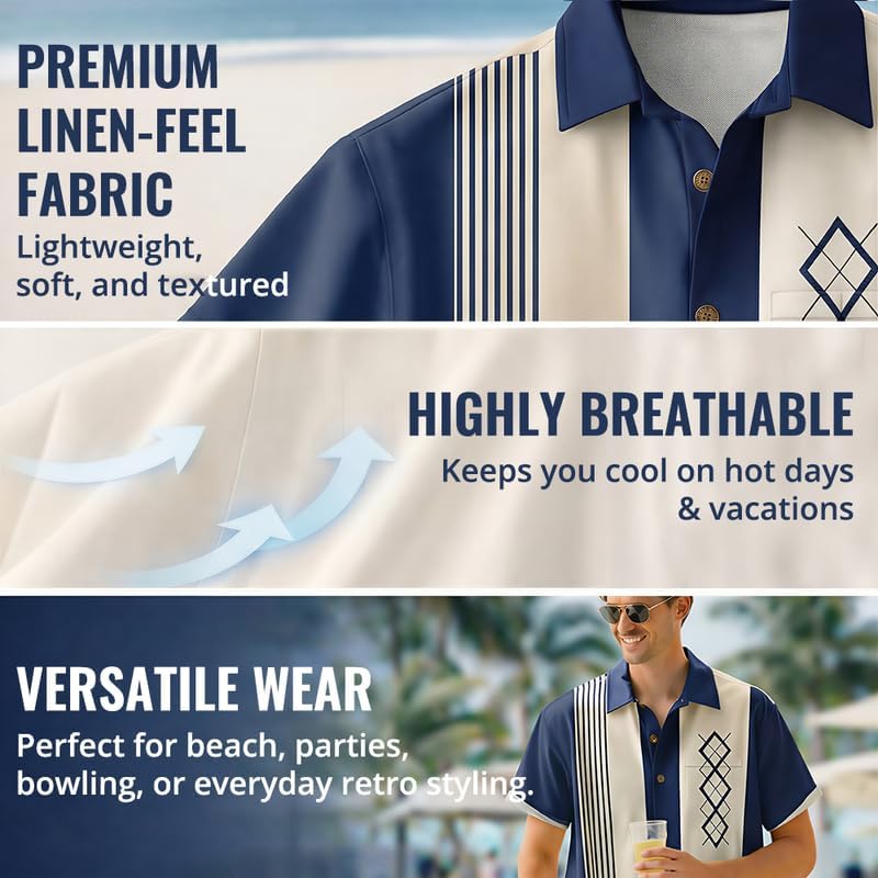 Men's Mid-Century Modern Bowling Shirt, Retro Geometric Stripes Short Sleeve Camp Shirt
