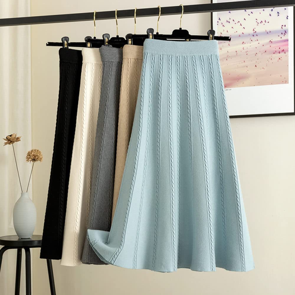 Gonne,Gonna Midi da Donna Blu Elastico A Vita Alta in Maglia Jacquard Ombrello A Pieghe Gonna Slim A-Line Altalena Increspato Autunno Inverno Gonne Lunghe per Ragazze Signore,L