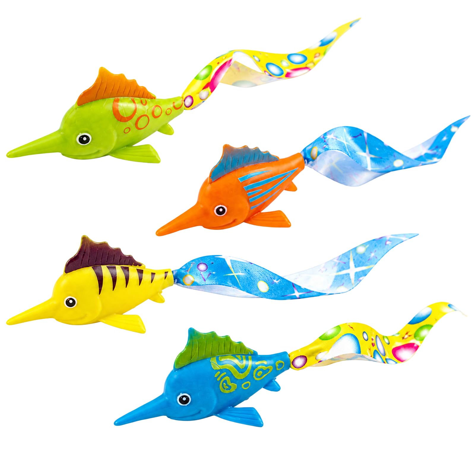 AURALIN Floating Fish Flag Pool Toy Set, 4 Colourful Water Retrieval Toys for Swimming Pool Games, Bath Time Fun, Summer Swim Practice and Surface Play, Green Blue Yellow Orange Plastic