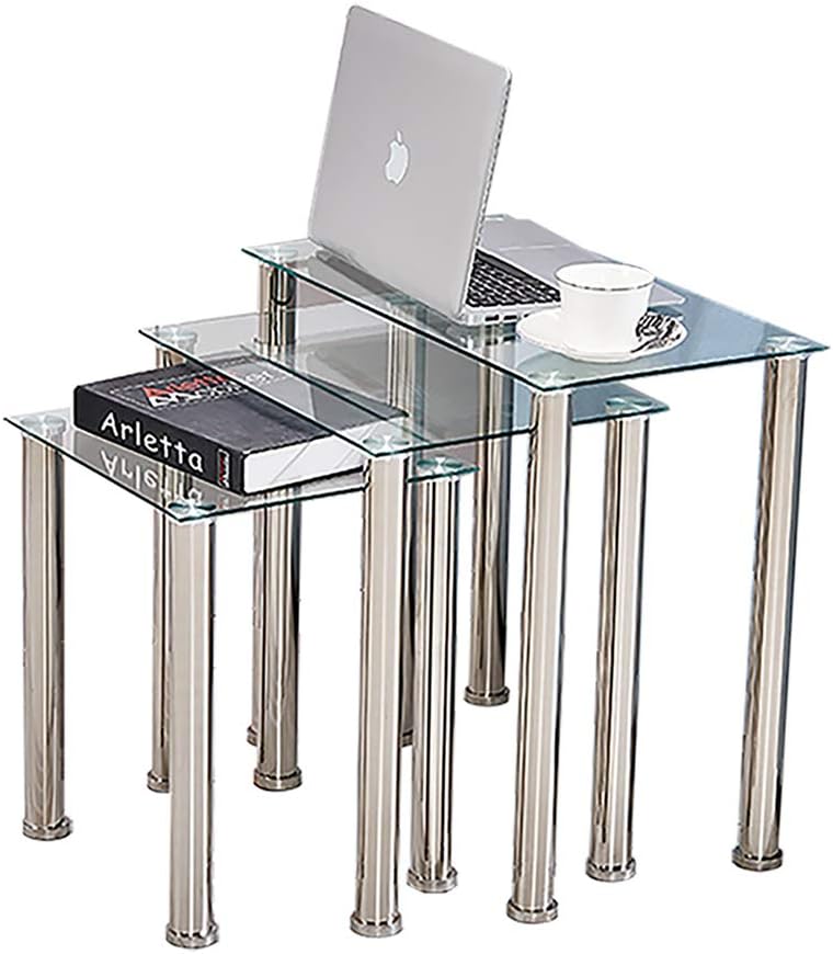 HomeSailing Nest of Tables Set End Tables Side Tables Glass Rectangular for Living Room Bedroom Sofa End Metal Chrome Nesting of 3 Transparent