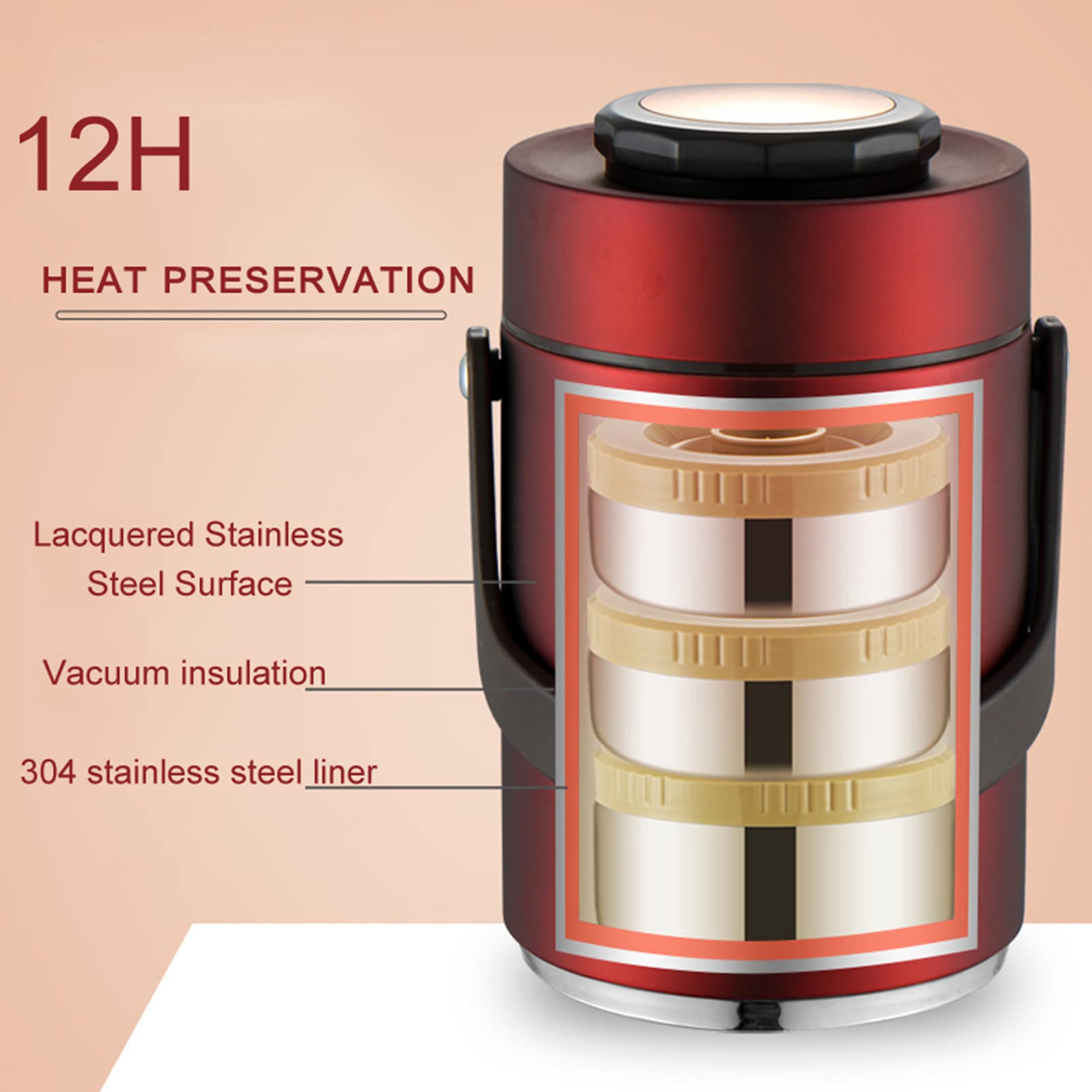 Vakuumisolierter Thermobehälter für Essen,Edelstahl Thermos-Lebensmittelbehälter Lunch-Boxen,3 Schicht Thermo Lunchbox Bento Box,für Salate Sandwiches Snacks Suppenreis,Rot,2.3L