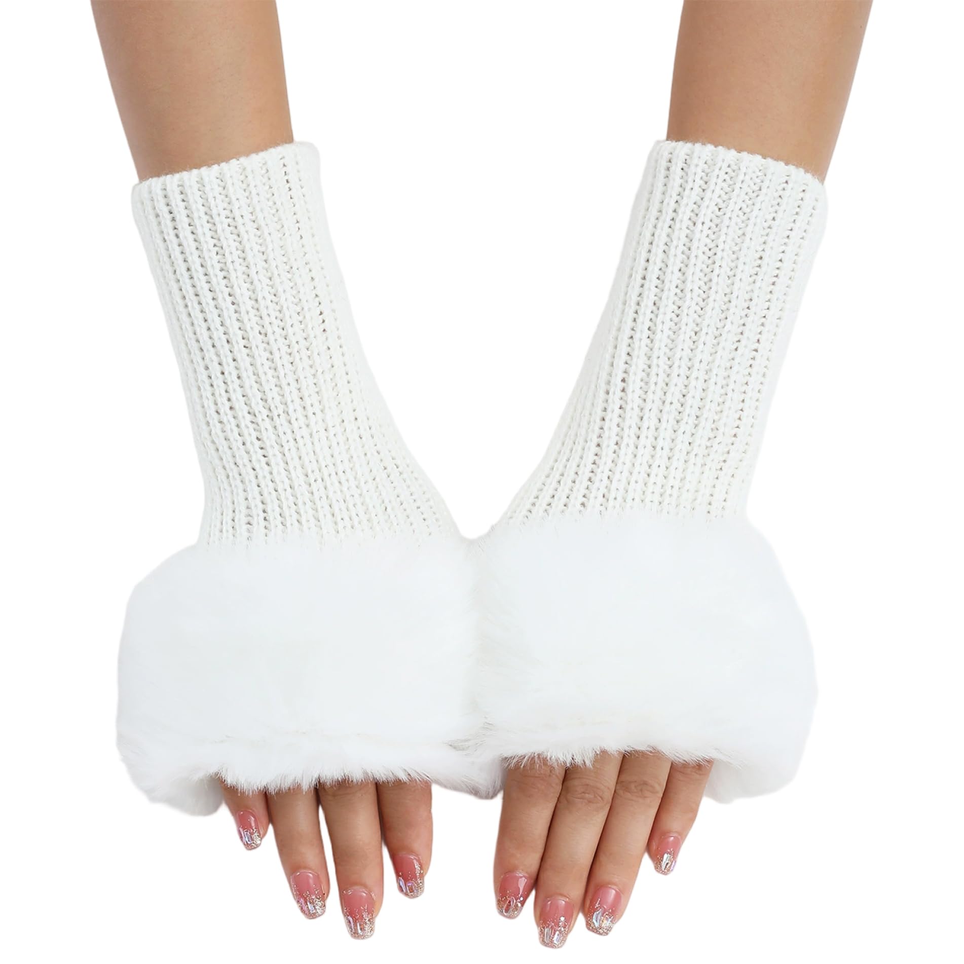 Syglawnd Cute Arm Warmers, Arm Warmers Y2k Cute Knitted Fingerless Furry Gloves for Women Girls Winter, White