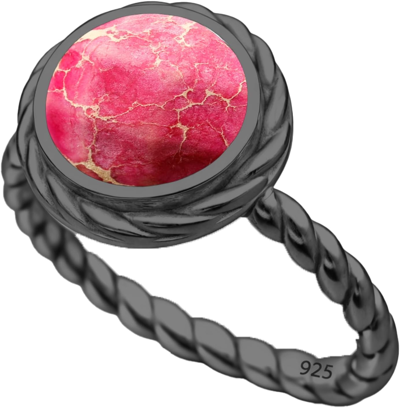 925 Sterling Silver Round Gemstone Ring for Women | Black Oxidized Handmade Bezel Set Natural Stone Jewelry | Twisted Frame Statement Design | Chakra Crystal Gift for Her | Elegant Everyday Ring