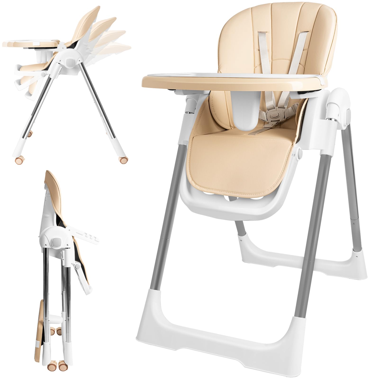 Chaise Bébé Pliante, Chaise Haute 4-en-1 Réglable en Hauteur, Siège Bébé avec Plateau Amovible, Roulettes & Harnais 5 Points, Chaise Haute Évolutive (Beige)