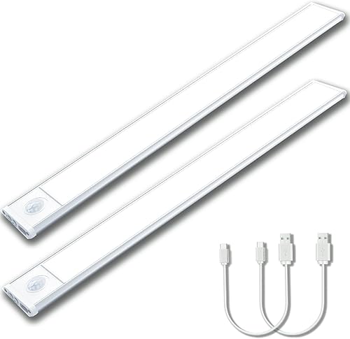 Iluminación LED para debajo del gabinete, paquete de 2 luces con sensor de movimiento para interiores, 3000 mAh recargable y regulables, luces de
