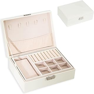 صندوق منظم مجوهرات جلدي من طبقتين من البولي يوريثين مع قفل، منظم مجوهرات من الجلد مع فاصل إغلاق قابل للإزالة، للأساور والسلاسل والساعات