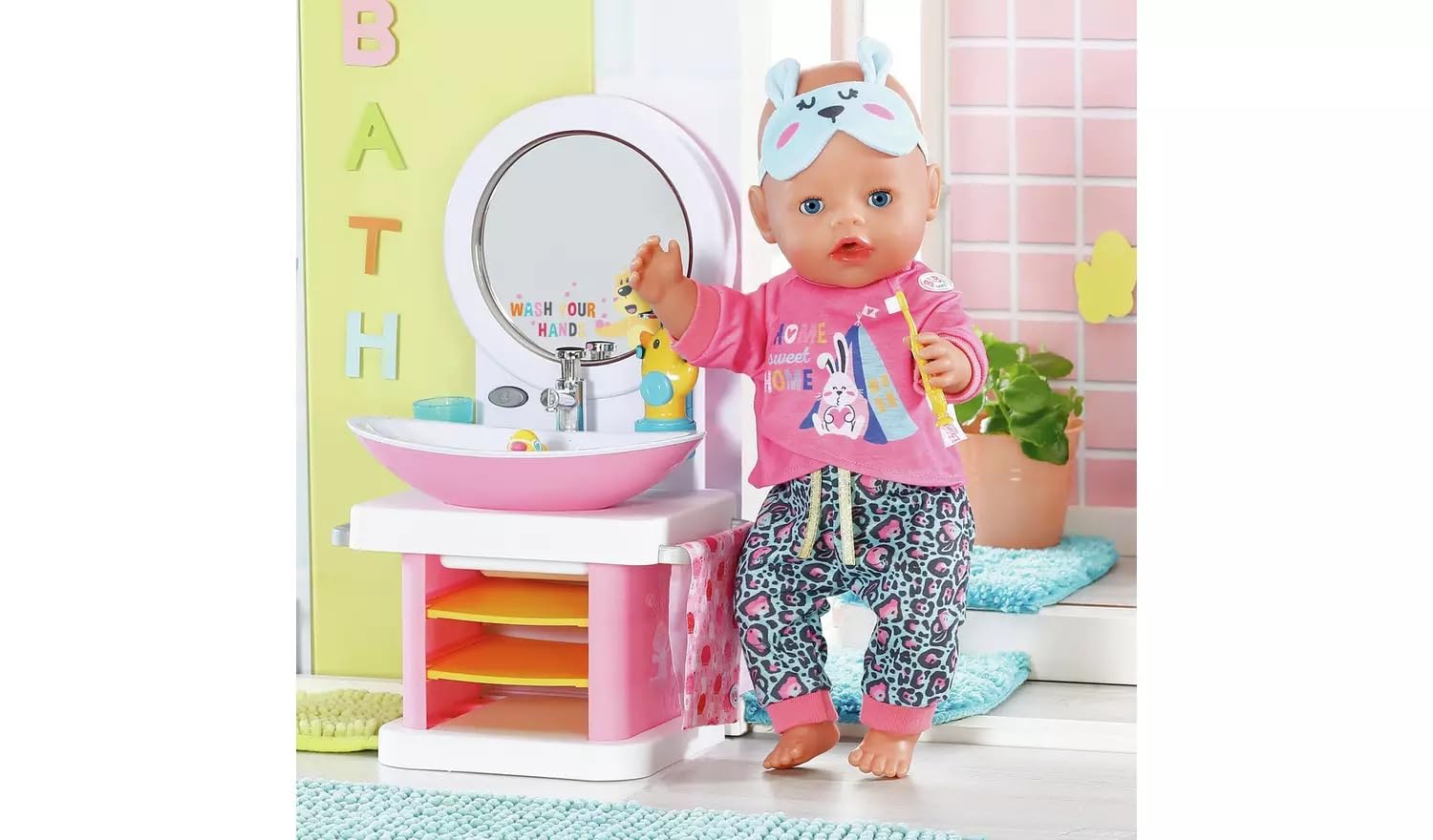 BABY born Umywalka łazienkowa, interaktywna umywalka dla lalek z funkcją oświetlenia i dźwięku, szczoteczka do zębów, kubek do mycia zębów, dozownik mydła i ręcznik, 832707 Zapf Creation