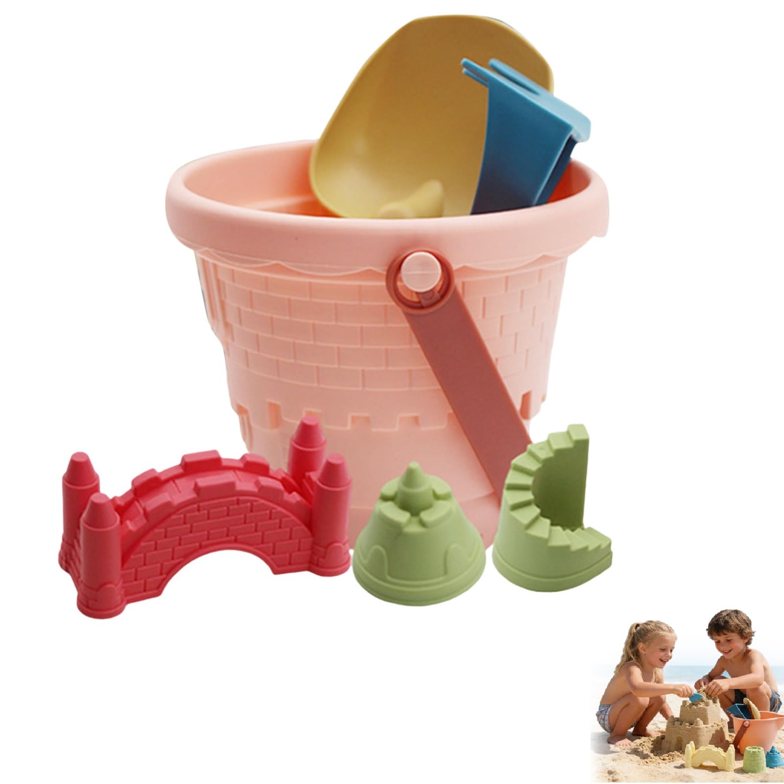 Beach Sand Toys with Handy Sand Pail Shovel Rake and Sand Sieve Practical Beach Bucket Spade Set Perfect Outdoor Toy for Seaside Trip Backyard Sand Play Family Summer Activities (Pink1, One Size)