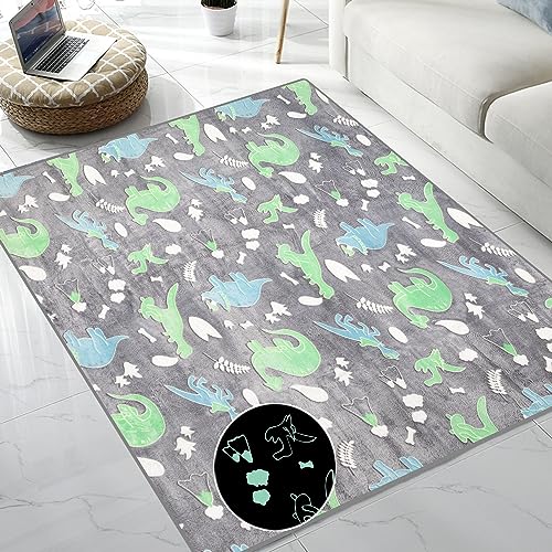 Image of QH Cute Dinosaur & Leaf Pattern Glow in The Dark Area Rug Area Rug for Living Room Bedroom Kids Room Size 5'x6'