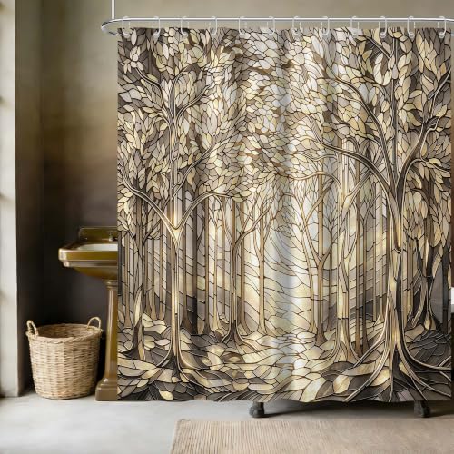 puuiui Gold and Taupe Shower Curtain, Extra Long 70x96 in, Stained Glass