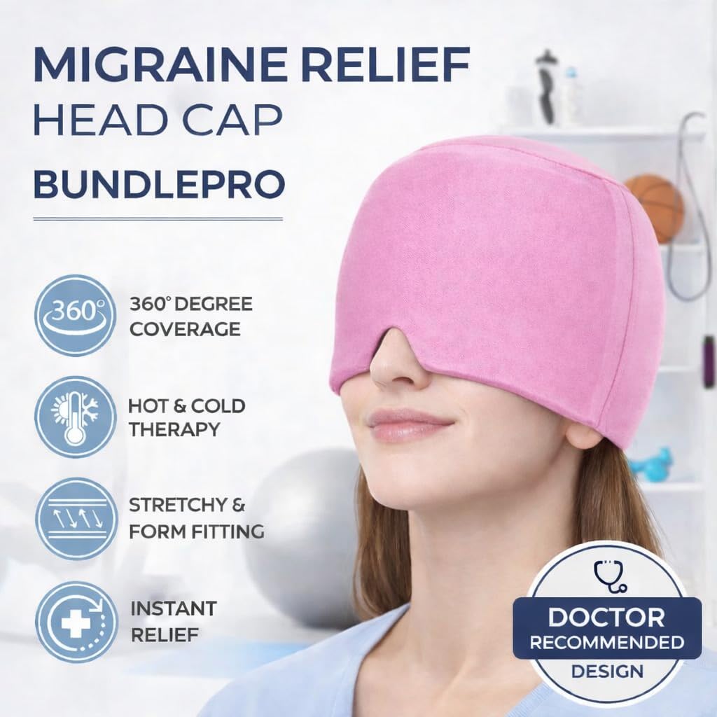 BUNDLEPRO Migraine Relief Cap - 360° Gel Ice Headache Hat for Tension & Sinus Pressure - Wearable Cold Therapy Mask for Puffy Eyes, Stress & Hangover - Form-Fitting, One Size (Black, 1-Pack)