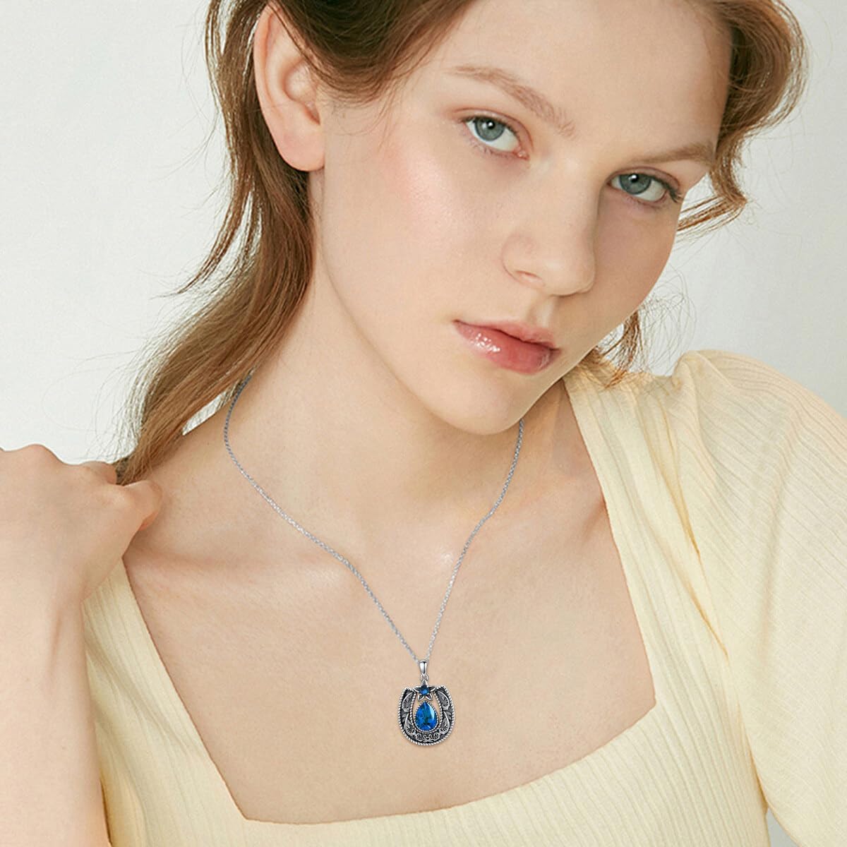 Western Style Lucky Horseshoe with Gemstone Necklace 925 Sterling Silver Retro Filigree Horseshoe Birthstone Pendant with 18+2 Inch Chain for Women - Image 5