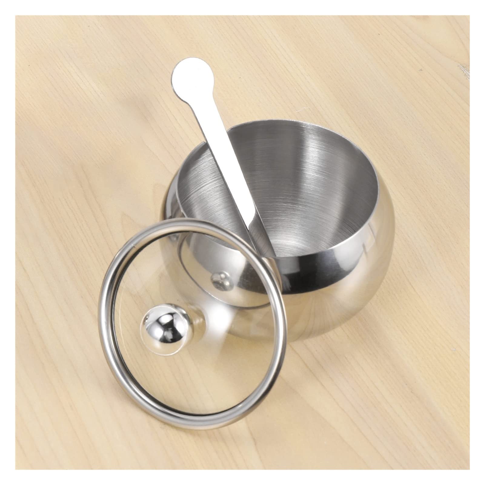 Sucrier avec Couvercle Et Cuillère, 2 Pots À Épices Bol À Sel en Acier Inoxydable Set Pots À Condiments,Argent