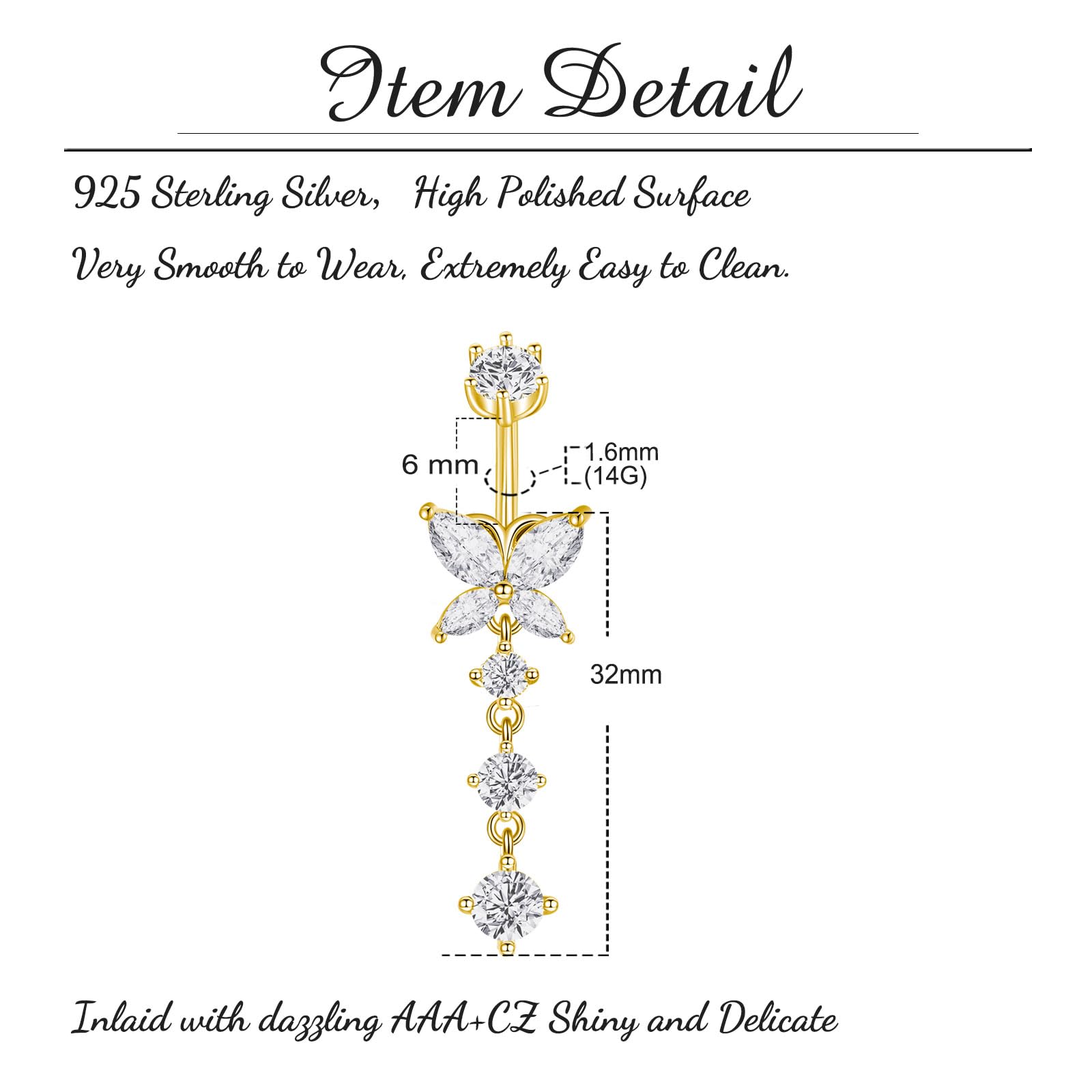 Piercing ombelico argento sterling 925 6/8/10/12mm Gioiello pendente a farfalla per piercing da donna