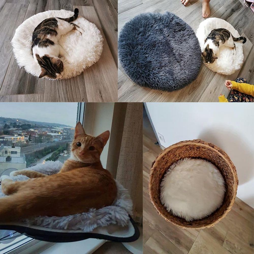 Calming Dog Cat Bed Cat Cushion Cat Mat Long Plush Round Sleeping Bed for Small Medium Kitten Puppy,15.74"/19.68"/23.62"(60cm/23.62inch,White)