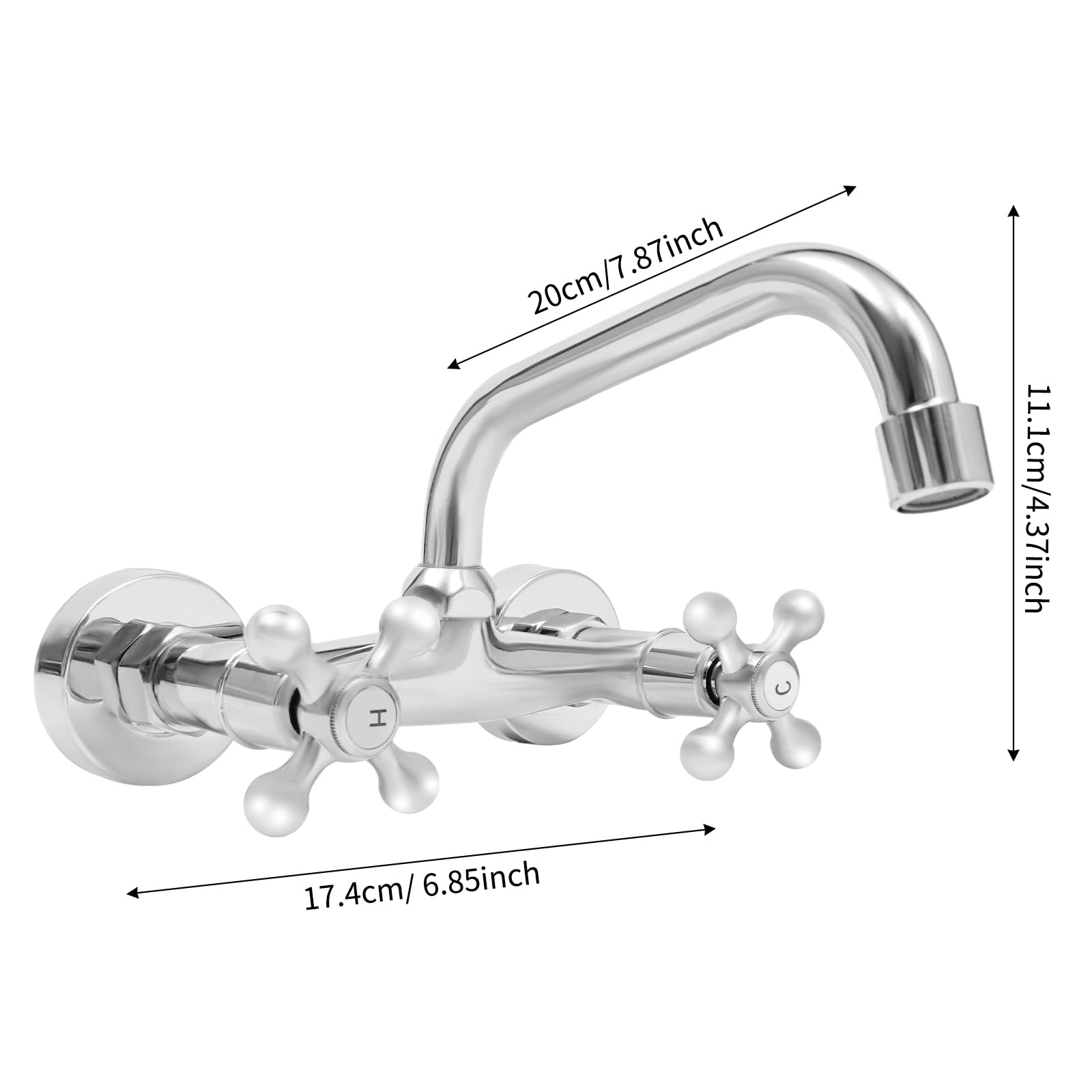 Rubinetto da cucina da parete in ottone, rubinetto a 2 maniglie, rubinetto a parete, girevole a 360 gradi, rubinetto a U, risparmio d'acqua, senza schizzi, cucina, bagno, giardino, guarnizione in rame