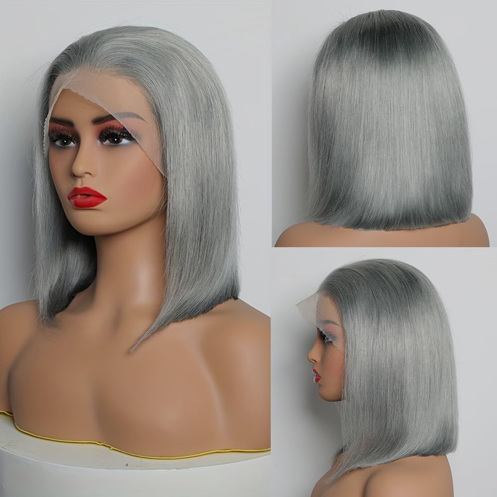 Grey Bob Wig Human Hair 180% Density 13x4 Transparent Lace Frontal Wigs Pre Cut Pre Plucked With Baby Hair Around 100% Brazilian Virgin Human Hair - 12 Inch Grey Bob Wigs for Black Women