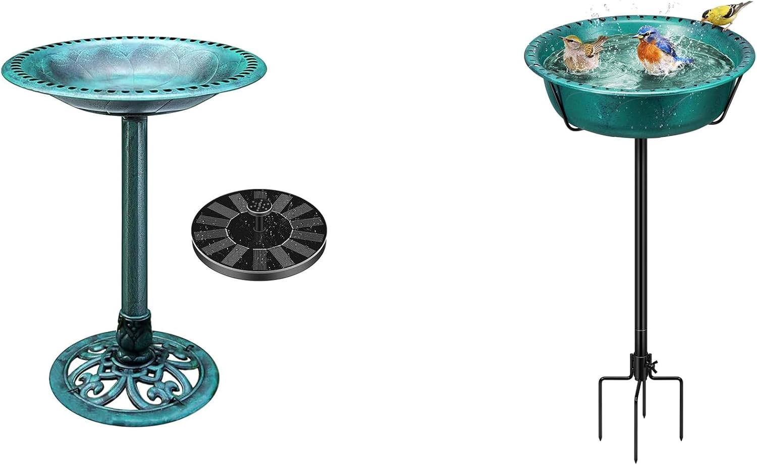 VIVOHOME Polyresin Antique Outdoor Green Garden Bird Bath and Solar Powered Round Pond Fountain Combo Set with VIVOHOME Oval Bird Bath for Outside, Outdoor Birdbath Bowl with Metal Ground Stake