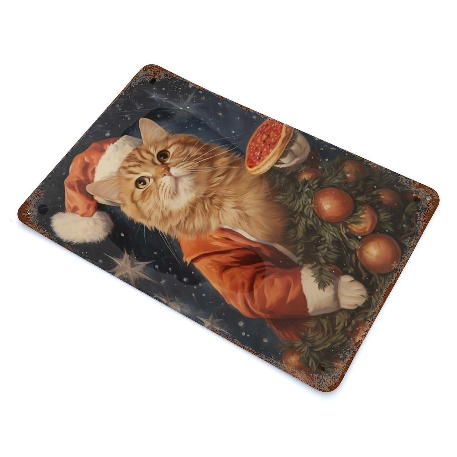Aged Metal Wall Plaque with Cat Eat Pizza in Christmas Design 11.8"x7.9", for Cafe, Home Bar And Lounge Decor, Novelty Wall Decor