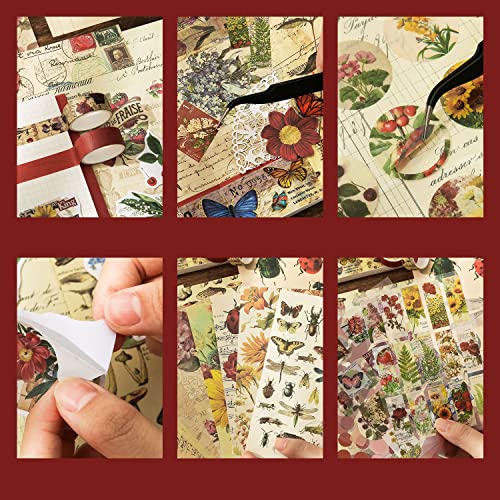 Image of emmoolife Vintage Aesthetic Scrapbooking Supplies Kit, Flowers Botanical Bullet Junk Journal Kit with Journaling Supplies, Tweezers, A6 Grid Notebook,Stationery,Sticker, Birthday Craft Gift for Adult