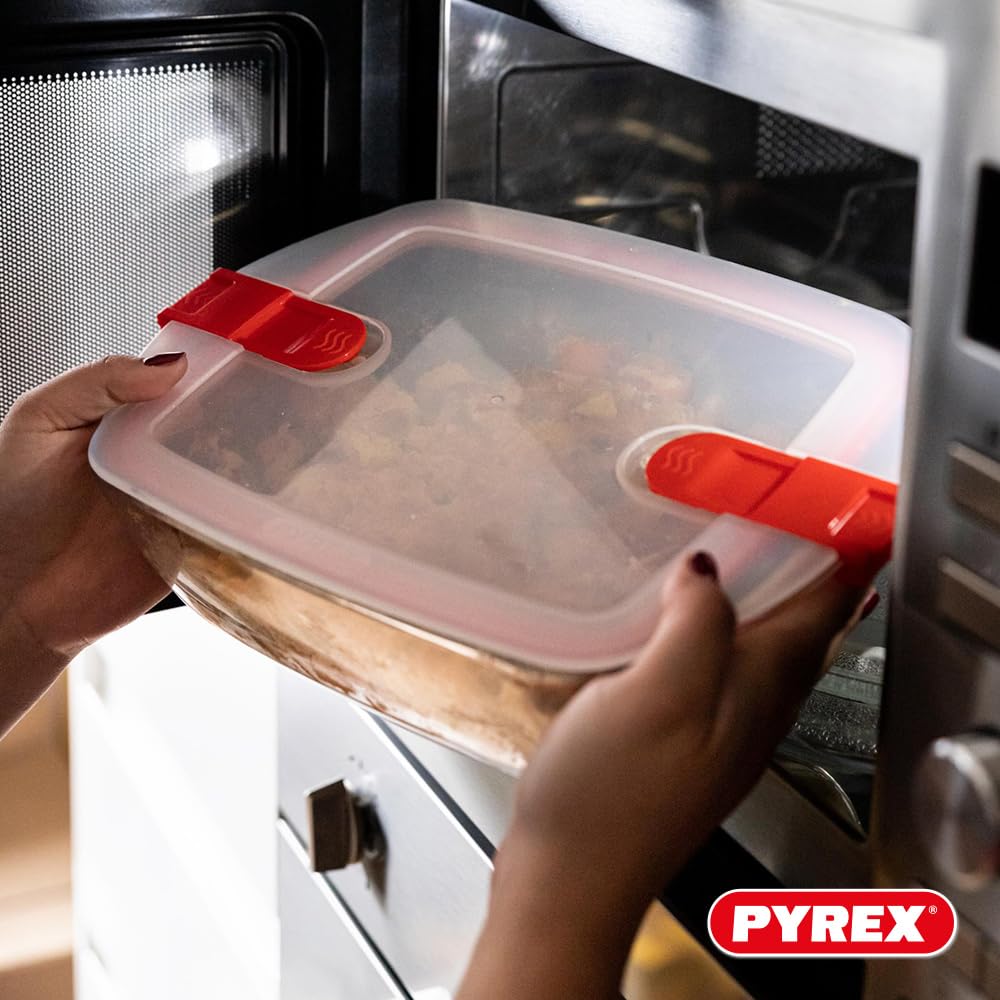 Pyrex Cook & Heat - Lot de 3 Boites Carrées Identiques - 1L - Verre Borosilicate - LunchBox - Couvercle Hérmétique spécial Micro-Onde - Made in France